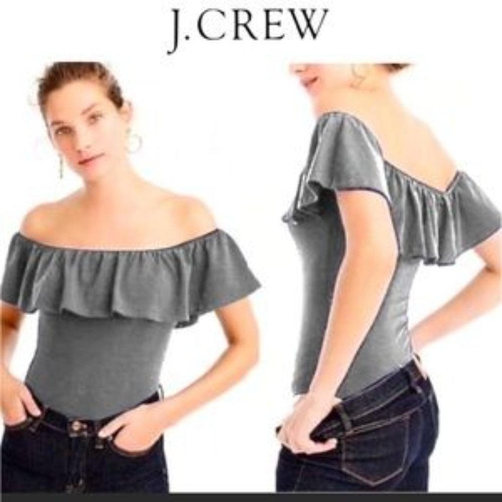 J. CREW Heathered Gray Ruffle Bodysuit Medium Off Shoulder EUC